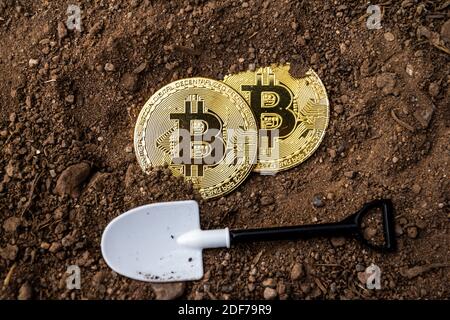 Gold Bitcoin on Ground, Mining Bitcoin Konzept. Stockfoto