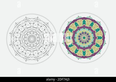 mandala zwei Muster. Schwarze Linie und Malerei Design Farbe dekorativ auf weißem Hintergrund. Handzeichnung Kunst Vektor Illustration Stock Vektor