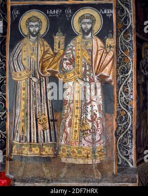 Kloster Rojen, Kirche der Geburt der Jungfrau Maria, Wandbild der Spender, Balkan, Bulgarien Stockfoto