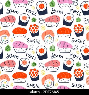 Sushi-Rollen Muster, Meeresfrüchte Illustration, philadelphia, Maki und Nigiri, Yummi japanischen Essen mit Lachs und Garnelen, niedliche Doodle Kunst, nahtlose Vektor Stock Vektor