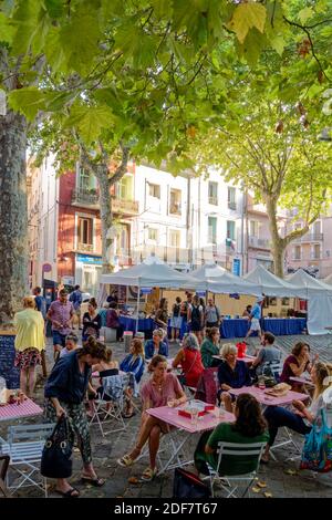 Frankreich, Herault, Sete, Leon Blum Platz, Kaffeeterrasse und Restaurant auf einem Platz gepflastert und schattig Stockfoto