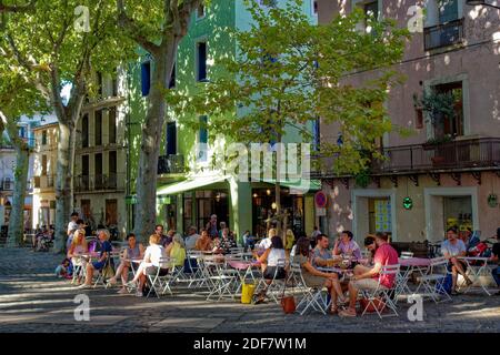 Frankreich, Herault, Sete, Leon Blum Platz, Kaffeeterrasse und Restaurant auf einem Platz gepflastert und schattig Stockfoto