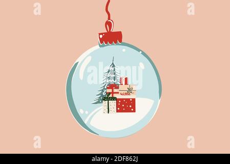 Vektor-Illustration von einem Weihnachtsball mit Geschenken und ein Weihnachtsbaum auf dem Hintergrund Stock Vektor