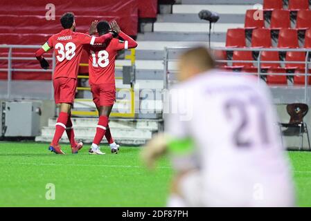 Der Antwerpener Martin Hongla feiert donnerstags nach einem Treffer bei einem Fußballspiel zwischen dem belgischen Club Royal Antwerp FC und dem bulgarischen Team PFC Ludogorets Stockfoto