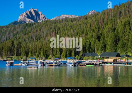 Redfish Lake Lodge Marina, Sawtooth National Recreation Area, Stanley, Idaho. Stockfoto