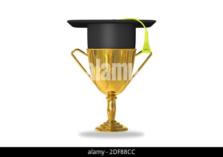 Goldene Trophäe Tasse isoliert auf weißem Hintergrund mit Graduierung Hut innen. Gratulieren Sie den Absolventen oder der Ausbildung. 3d-Illustration Stockfoto