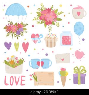 Set von niedlichen, hübschen Design-Elemente für Mädchen mit Blumen, Vögel und Herzen in rosa, rot und mintgrün. Isoliert auf weiß, gut für Aufkleber, Abziehbilder Stock Vektor