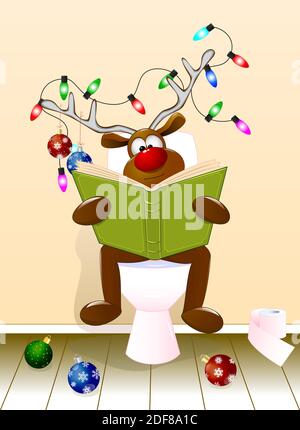 Ein Cartoon-Hirsch liest ein Buch, das auf einer Toilettenschüssel sitzt. Das Geweih ist mit Weihnachtskugeln und einer leuchtenden Girlande geschmückt. Weihnachten. Stock Vektor