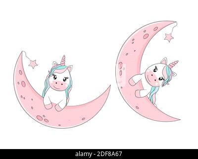 Niedliches Einhorn auf dem Mond sitzend. Vektorgrafik. Stock Vektor