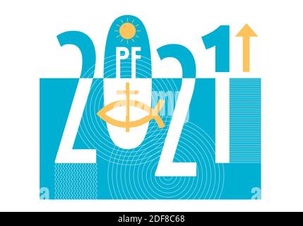 Jesus Fisch Symbol, Neujahr Grußkarte. PF-Karte Neujahr 2021 mit Jesus-Fisch-Symbol mit Kreuz, auf dekorativem Hintergrund. Vektor verfügbar. Stock Vektor