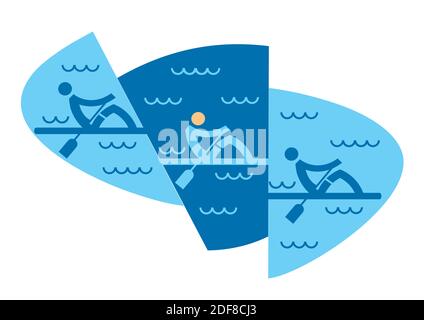 Ruderrennen. Drei Symbole der Ruderer auf blauem dekorativem Hintergrund. Vektor verfügbar. Stock Vektor