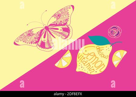 Helles Vektor-Poster mit Zitronen und einem Schmetterling auf einem geometrischen Hintergrund. Zitronen- und Saftanzeigen Stock Vektor
