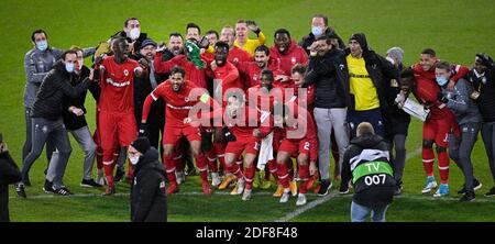 Antwerpens Spieler feiern nach dem Gewinn eines Fußballspiels zwischen dem belgischen Club Royal Antwerp FC und dem bulgarischen Team PFC Ludogorets, Donnerstag, 03. Dezember Stockfoto