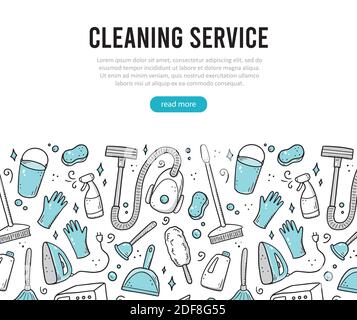 Handgezeichnete Design-Vorlage von Reinigungsgeräten, Schwamm, Vakuum, Spray, Besen, Eimer. Doodle-Skizzenstil. Reinigen Sie das Element, das mit einem digitalen Bürstenstift gezeichnet wurde. Abbildung für Symbol, Rahmen, Hintergrund, Banner. Stock Vektor