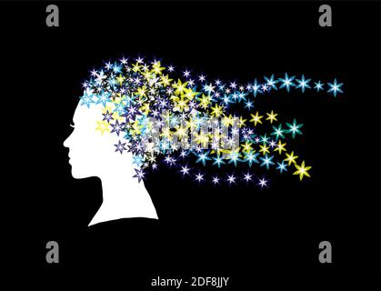 Weiße Silhouette des Gesichts eines Mädchens mit Haaren aus kleinen Sternen isoliert auf schwarzem Hintergrund. Frisur aus blauen und gelben Sternen erstellt. Vecto Stock Vektor