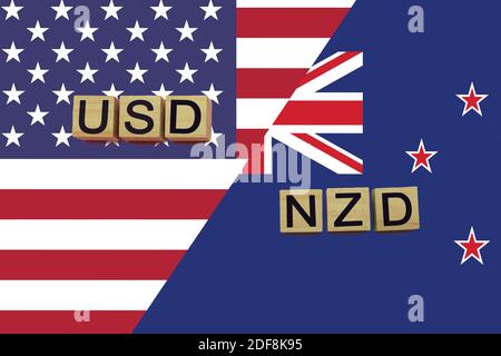 USA und Neuseeland Währungen Codes auf nationalen Flaggen Hintergrund. Internationales Geldtransferkonzept Stockfoto