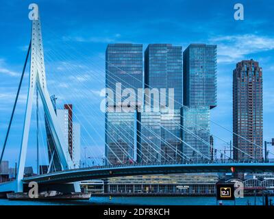 Rotterdam Architektur - De Rotterdam Gebäude sitzt hinter dem Wahrzeichen der Erasmus-Brücke, im Zentrum von Rotterdam, NL. De Rotterdam eröffnet 2013. Stockfoto