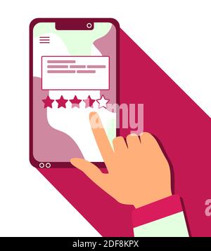 Lassen Sie Ihre Feedback-Konzept Illustration. Smartphone, Finger, Hand, Rangfolge Sterne. Kunde, Customer Service experience review, Kommentar. Flacher isolierter Vektor. Mobile Anwendung für Empfehlungen. Vektorgrafik Stock Vektor