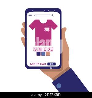 Hand mit Smartphone mit Shopping-Anwendung, um Kleidung zu bestellen. Online- und Fernkaufkonzept Illustration. Flacher isolierter Vektor. In den Warenkorb Schaltfläche, Farbe und Größe wählen, Suchsymbole. Vektorgrafik Stock Vektor
