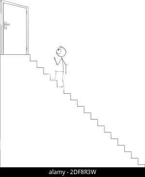 Vektor Cartoon Stick Figur Illustration von Mann oder Geschäftsmann Treppen steigen zu erreichen und öffnen Tür auf der Oberseite führt zu Erfolg oder fallen. Stock Vektor