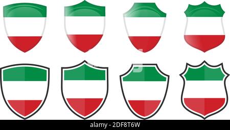 Vertikale Italien Flagge in Schildform, vier 3d und einfache Versionen. Italienisches Symbol / Zeichen Stock Vektor