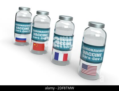 Coronavirus-Impfstoffdosiskonzept mit Länderflaggen auf weißem Hintergrund Stockfoto