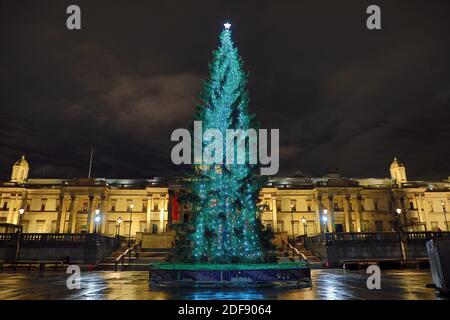 London, Großbritannien. Dezember 2020. Trafalgar Square Christmas Tree Lights schaltete in Trafalgar Square, London Kredit: Paul Brown/Alamy Live News Stockfoto