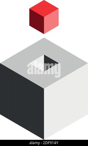 Lösungsentwurf Elementkonzept. Block von 3D-Würfel mit dem letzten roten Stück außen. Vektorgrafik. Stock Vektor