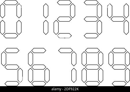 Weiße digitale Zahlen mit schwarzer Umrandung. Die 7-Segment-Anzeige wird in Taschenrechnern, Digitaluhren oder elektronischen Messgeräten verwendet. Vektorgrafik. Stock Vektor
