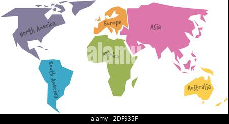 Vereinfachte Weltkarte, die auf sechs Kontinente aufgeteilt ist - Südamerika, Nordamerika, Afrika, Europa, Asien und Australien - in verschiedenen Farben, auf weißem Hintergrund und mit schwarzen Labelen. Einfache flache Vektordarstellung. Stock Vektor