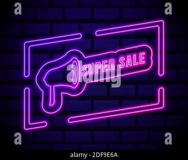 Super Sale Neonlicht Ankündigung Poster Vorlage . Helle Poster Vorlage isoliert auf dunklen Backstein Wand Hintergrund. Stock Vektor