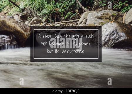 Motivierendes und inspirierendes Zitat. Fließender Fluss im Dschungel mit Selbstbestimmung Weisheit Zitat. Stockfoto