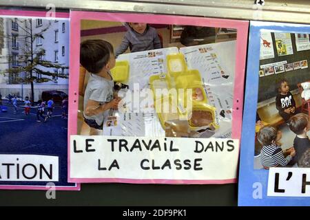 Vorbereitung auf den Schulbeginn am 11. Mai 2020 in einer Klasse in Paris, Frankreich am 5. Mai. Ab dem 11. Mai beginnt Frankreich seinen Definement-Plan nach 2 Monaten Sperrung, um die Ausbreitung von Covid-19 zu vermeiden. Foto von Karim Ait Adjedjou/Avenir Pictures/ABACAPRESS.COM Stockfoto