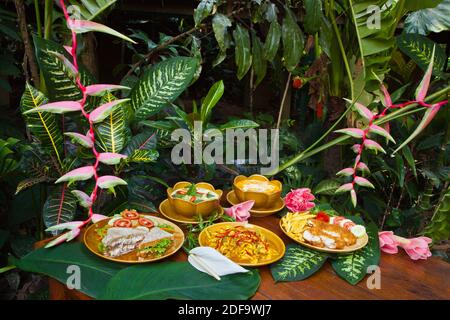 Köstliches ESSEN wird jederzeit in den RIVERSIDE COTTAGES in KHO SOK serviert, ein perfekter Ort, um Kho Sok National Park - THAILAND zu besuchen Stockfoto