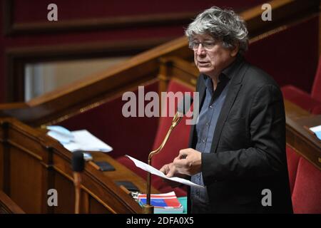 Eric Coquerel, Mitglied des französischen Parlaments der linken französischen Partei La France Insoumise (LFI), während einer Fragestunde an die Regierung in der Nationalversammlung am 12. Mai 2020 in Paris. Foto von Eliot Blondt/ABACAPRESS.COM Stockfoto