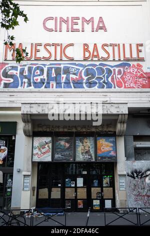 Das Cinema Majestic Bastille ist geschlossen. Die Kinos sind in Paris nach der einfachen Sperrung wegen des Coronavirus Covid-19 noch geschlossen. Paris, Frankreich, 15. Mai 2020. Foto von Florent Bardos/ABACAPRESS.COM Stockfoto