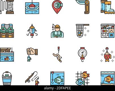 Satz von Fishing Flat Color Line Icons. Jackmesser, Tackle Box, Aquarium und mehr. Stock Vektor