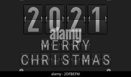 2021 Frohe Weihnachten Text. Realistische Flip-Anzeigetafel, Airport-Anzeigetafel. Frohe Weihnachten und glückliches neues Jahr im Zusammenhang mit 3d realistische Vektor-Illustration. Stock Vektor