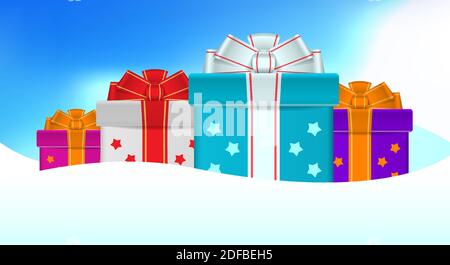 Schöne bunte Geschenkboxen mit Bändern und Schleifen in Schneeverwehungen. Frohe Weihnachten und glückliches neues Jahr im Zusammenhang mit 3d realistische Vektor-Illustration. Stock Vektor
