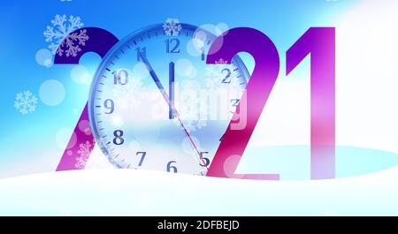 Große Zahlen 2021 in Schneeverwehungen. Auf dem Zifferblatt werden fünf bis zwölf angezeigt. Frohe Weihnachten und glückliches neues Jahr im Zusammenhang mit 3d realistische Vektor-Illustration. Stock Vektor