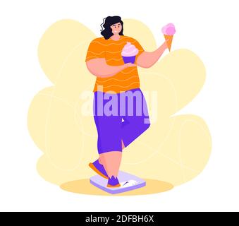 Eine junge übergewichtige Frau, die süße Junk Food isst. Ein Mädchen auf die Waage zu bekommen loszuwerden Bauch Fett. Fettleibigkeit. Stock Vektor
