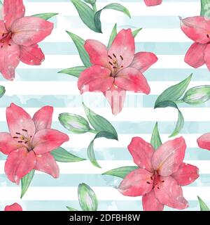 Florales Nahtmuster aus Lilien. Auf einem Hintergrund mit blauen Streifen Stockfoto