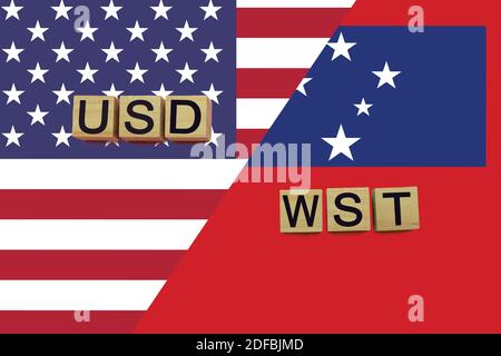 USA und Samoa Währungen Codes auf nationalen Flaggen Hintergrund. Internationales Geldtransferkonzept Stockfoto
