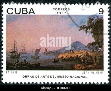 KUBA - UM 1982: Eine in Kuba gedruckte Briefmarke, zeigt das Gemälde 'Landschaft' des Künstlers Jean-Baptiste Pillement, um 1982 Stockfoto