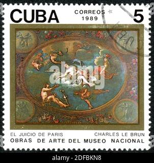 KUBA - UM 1982: Eine in Kuba gedruckte Briefmarke, zeigt das Gemälde "das Urteil von Paris" des Künstlers Charles Le Brun, um 1982 Stockfoto