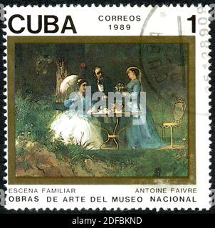 KUBA - UM 1982: Eine in Kuba gedruckte Briefmarke, zeigt das Gemälde "Familienszene" des Künstlers Antoine Jean Etienne Faivre, um 1982 Stockfoto