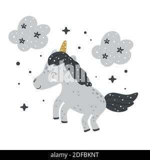 Niedliche Baumschule Einhorn Cliparts mit Wolken und abstrakte Punkte herum. Monochrome, handgezeichnete Vektorgrafik im skandinavischen Stil. Stock Vektor