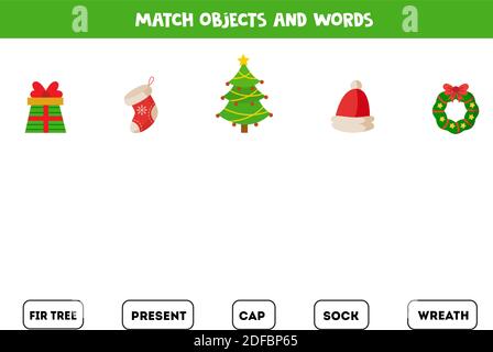 Passen Sie Weihnachtsobjekte und geschriebene Wörter. Logisches Spiel für Kinder. Lesefertigkeiten üben. Stock Vektor