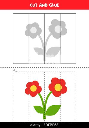 Schnitt und Kleber Bild von Cartoon rote Blume. Pädagogisches Puzzle für Kinder. Stock Vektor