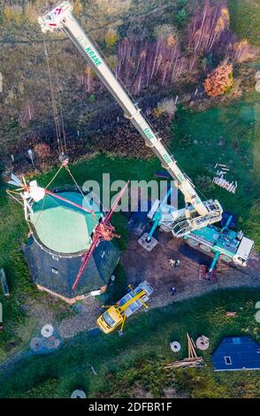 Kocher, Deutschland. September 2017. Mit einem Kran wird die Mühlenkappe der rund 17 Tonnen schweren Windmühle für Renovierungsarbeiten entfernt. Die 1889 erbaute niederländische Windmühle muss wegen Schäden am Walzenring vor dem Winter gesichert werden und erhält ein provisorisches Notdach. In den nächsten Jahren wollen der Mühlenverband und die Gemeinde Salzhaff die Mühle wieder aufbauen, damit sie wieder funktionsfähig ist. (Aufgenommen mit einer Drohne) Quelle: Jens Büttner/dpa-Zentralbild/ZB/dpa/Alamy Live News Stockfoto